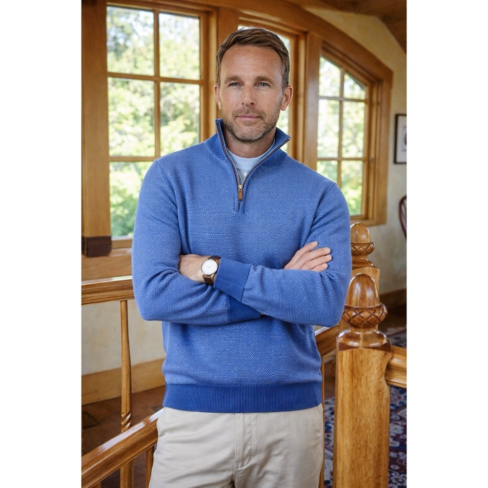 Peter Millar 1/4 Zip Golf Sweater Mens MEDIUM Blue Silk Cotton Blend Preppy